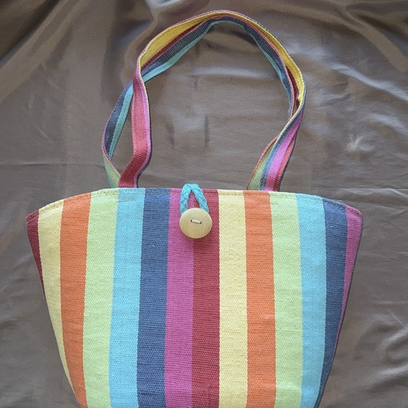 Colorful Rainbow Candy Stripe Bucket Tote Bag Woven Cotton Wood Button Accent - Picture 3 of 11
